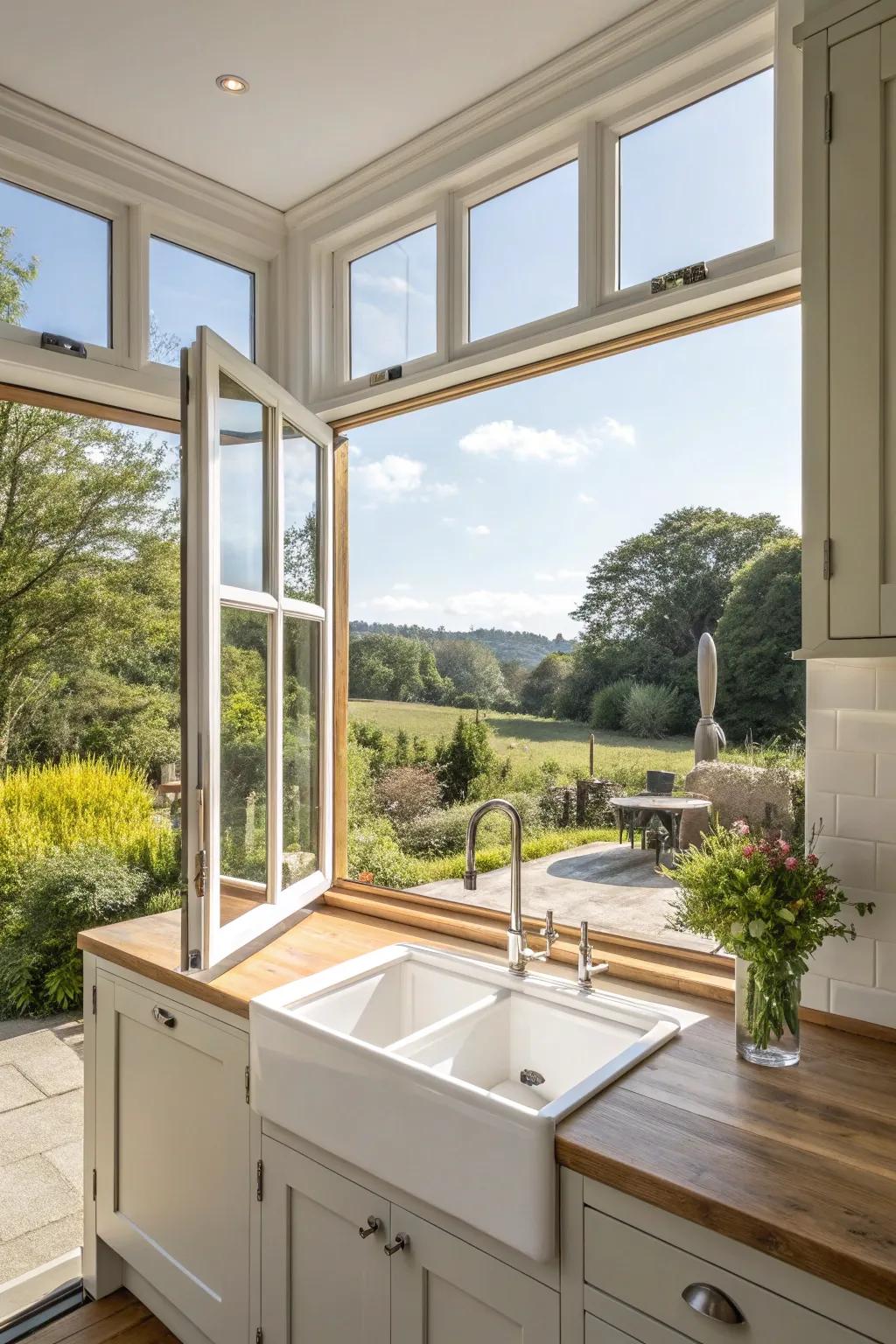 A kitchen with folding windows creating an open, breezy atmosphere.