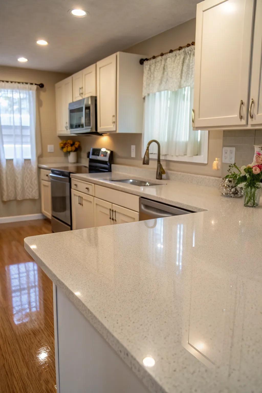Light-hued quartz enabling a petite kitchen to perceive as larger.