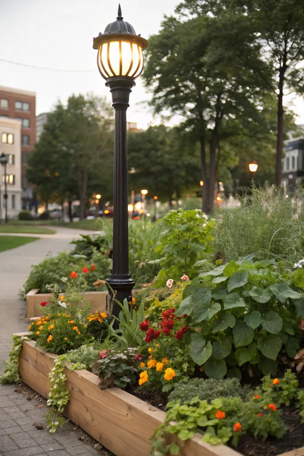 Edible plants bringing a tasty twist to a lamp post landscape.