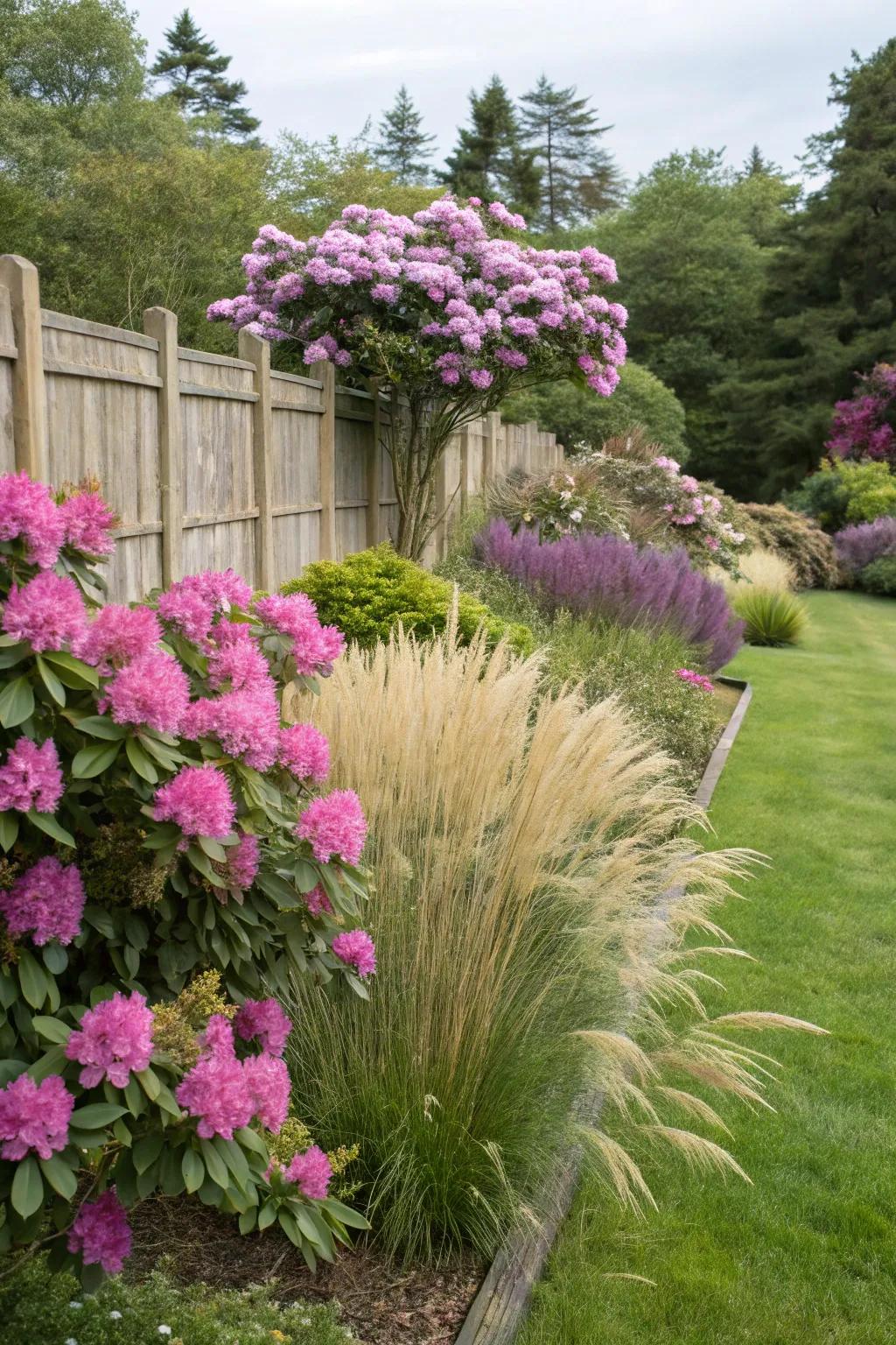 Rhododendrons and grasses providing texture and movement.