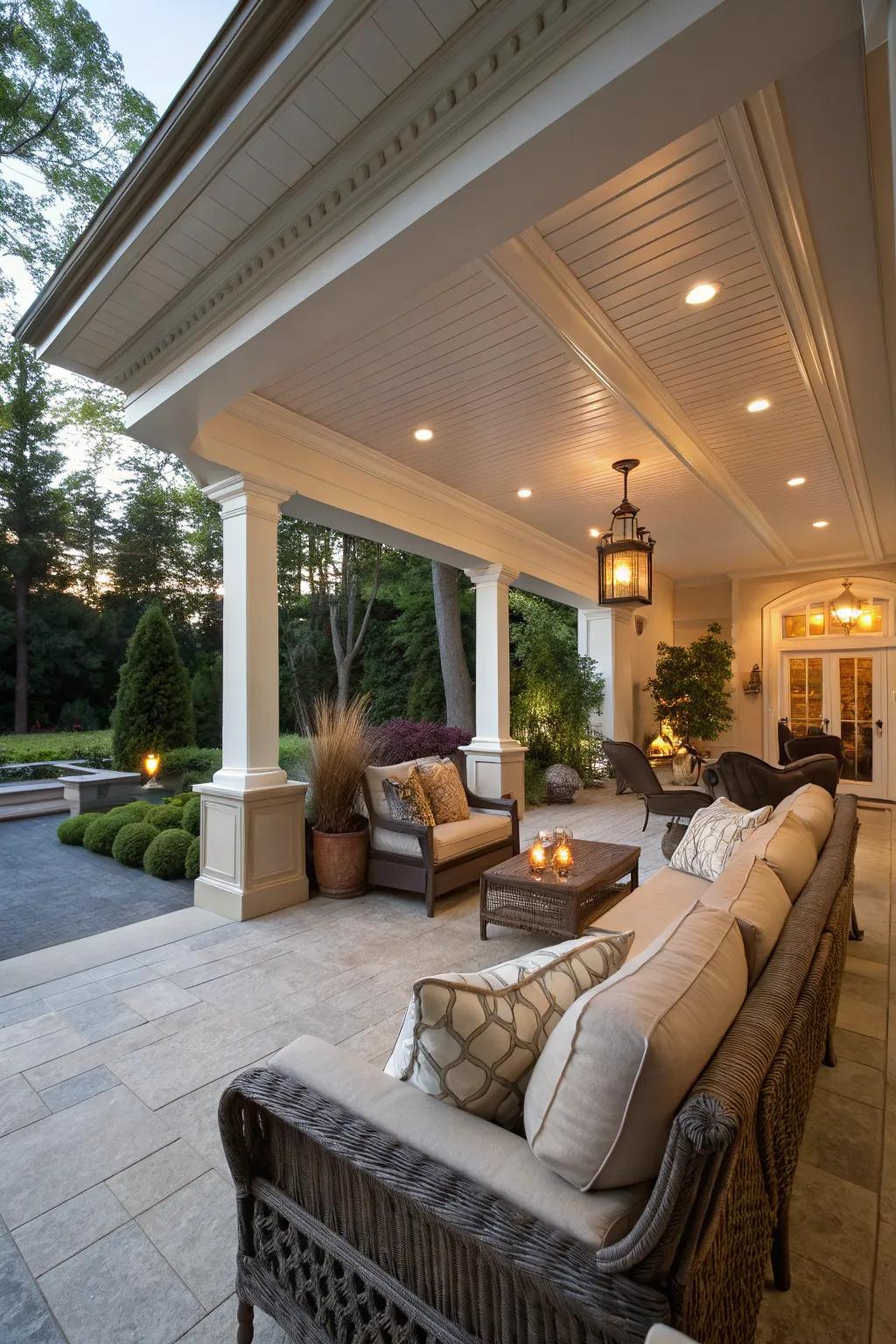 A covered patio featuring large crown molding, creating an outdoor extension of indoor elegance.