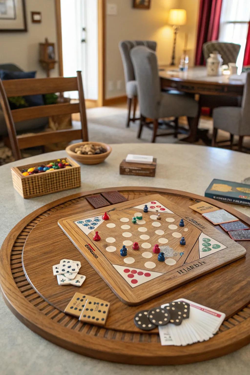 A game night essential with a lazy Susan as the centerpiece.