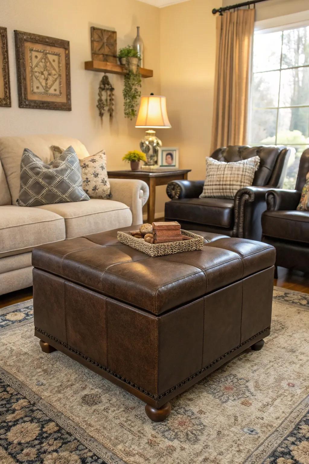 Dual-purpose ottomans offer seating and storage.