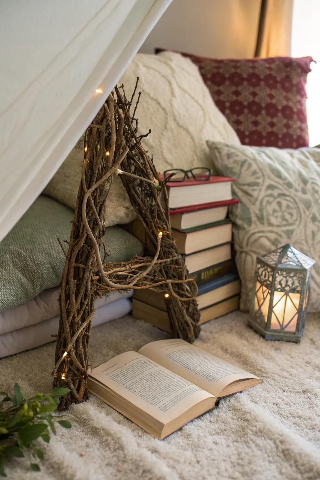 A nature-inspired letter embellished with sprigs.