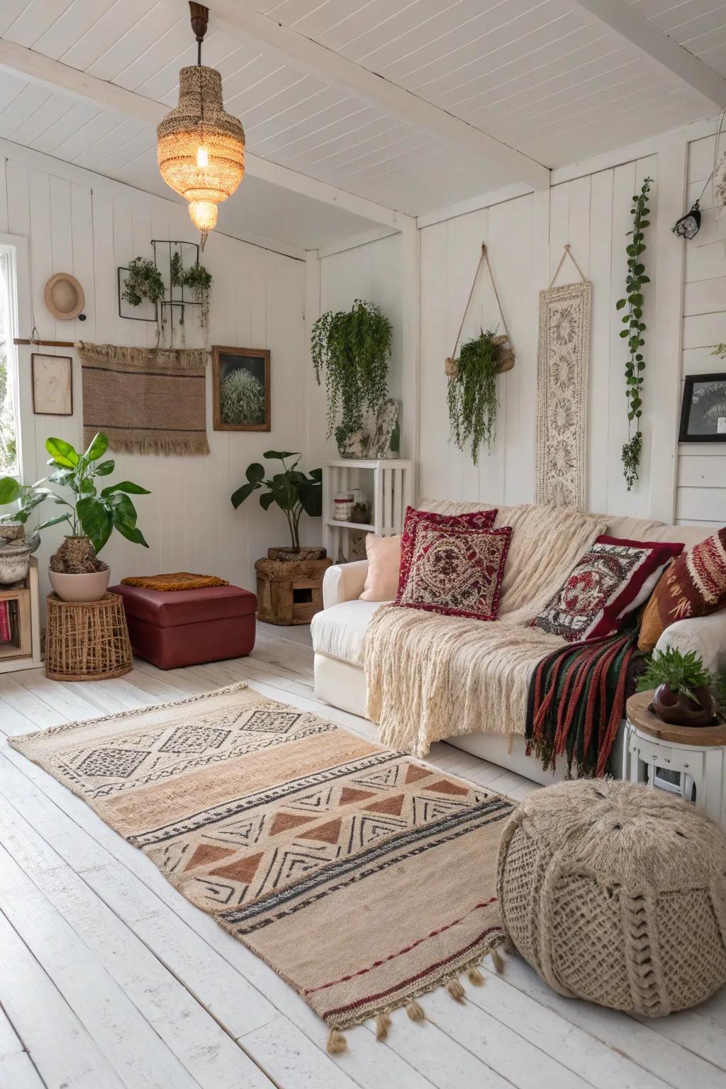 Bohemian vibes bring richness and vibrancy to white wood floors.