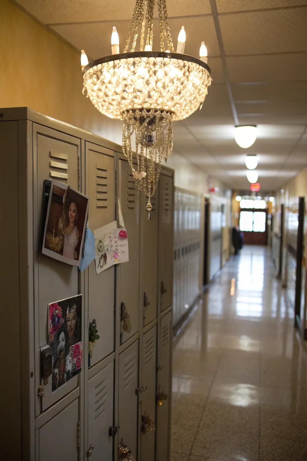 A locker with a mini chandelier, adding elegance and illumination.