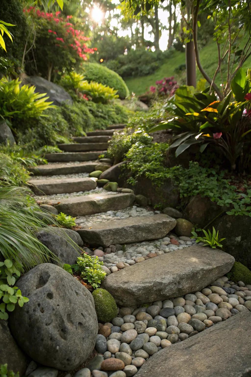 Enhance and protect garden steps with river rock edging.