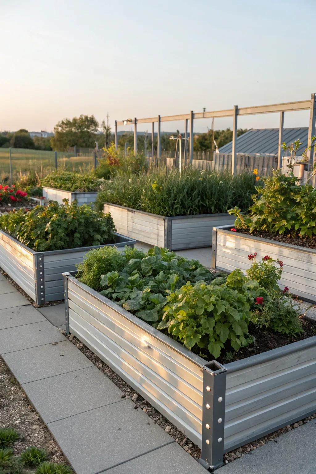 Metal edging frames raised beds beautifully.