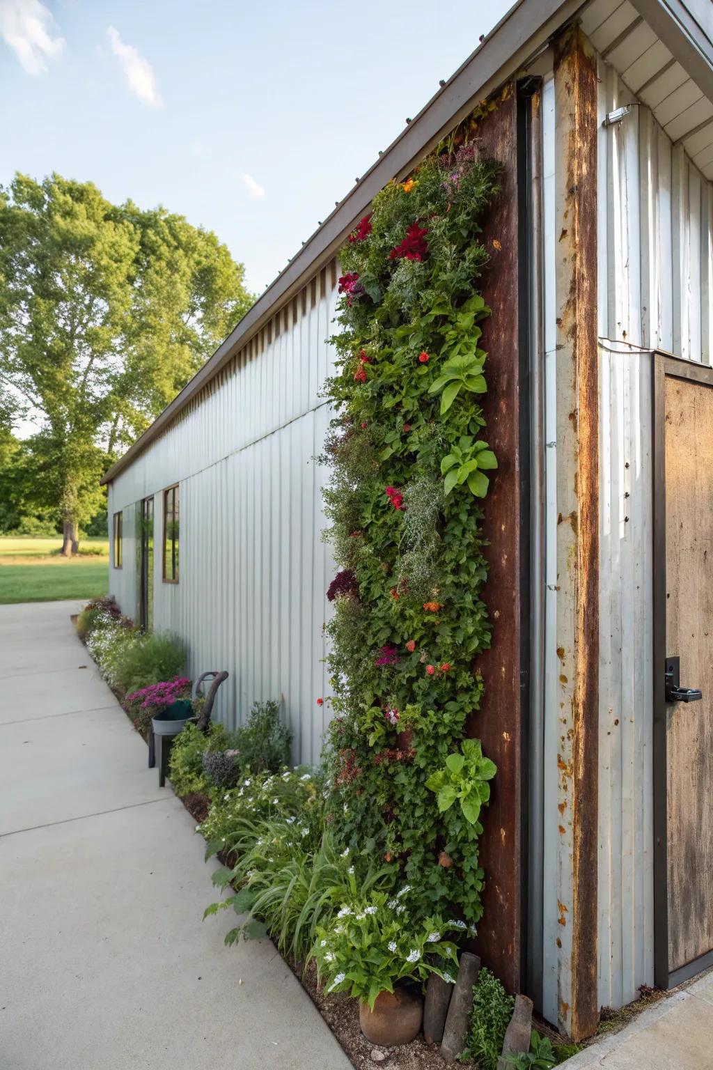 Vertical verdant enclosures enhance outbuilding facades via foliage.
