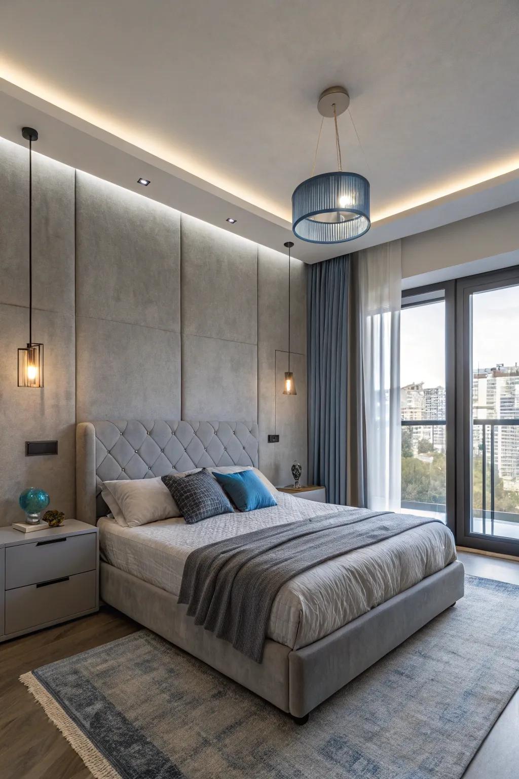 Modern lighting in grey or blue enhances your bedroom's aesthetic.