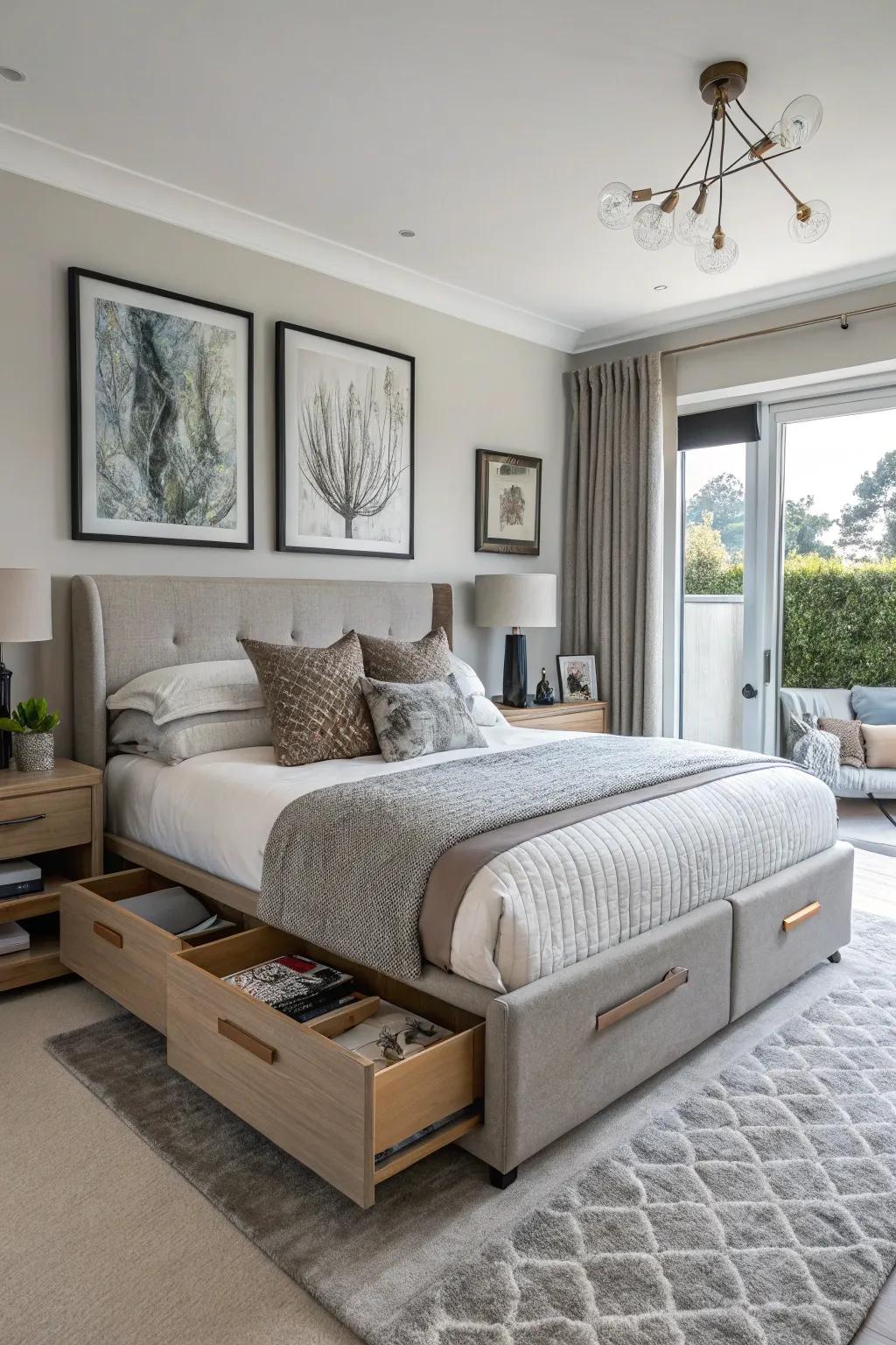 Multifunctional furniture optimizes space in this sleek bedroom.