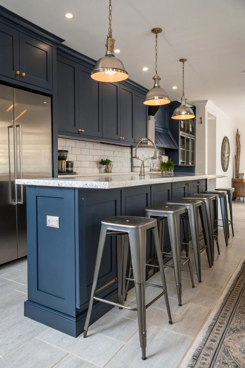 Industrial elements enhance the modern edge of navy blue kitchen designs.