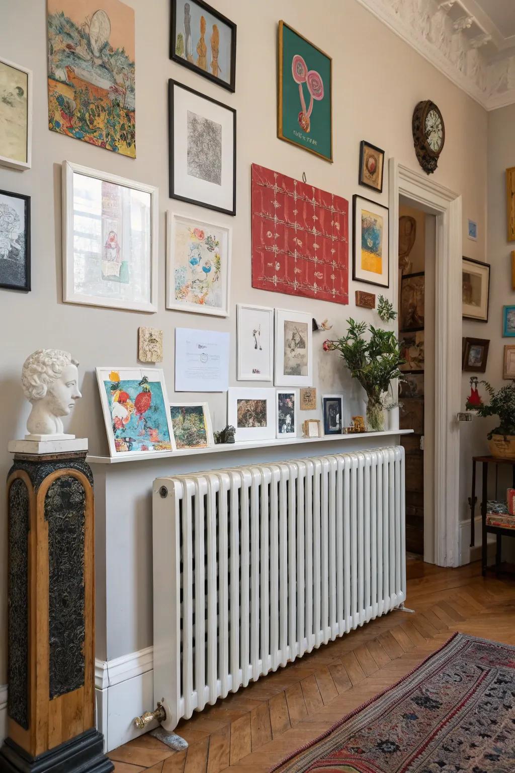 A radiator shield featuring interchangeable magnetic art panels.