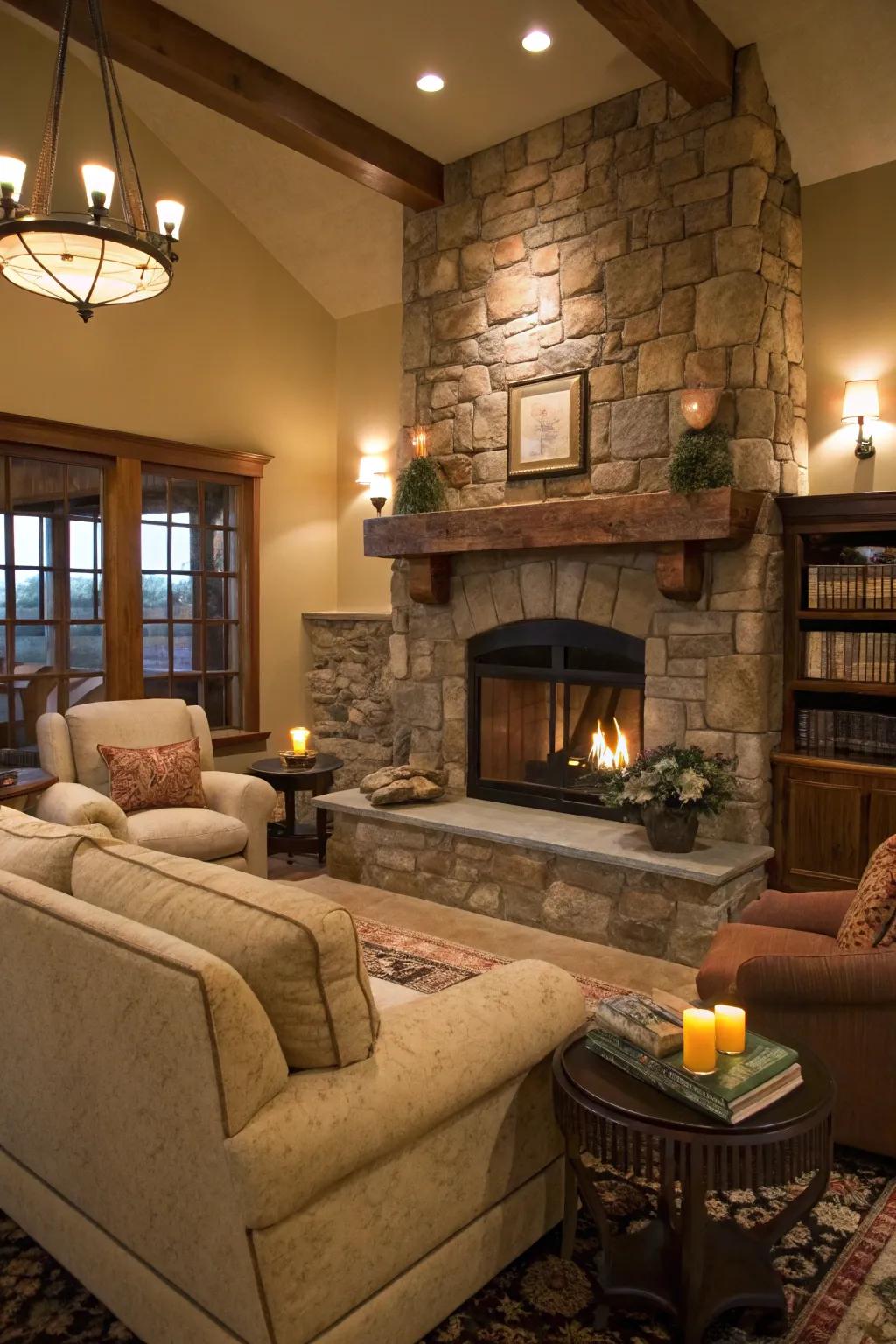 A cozy fireplace as the heart of a mountain home.