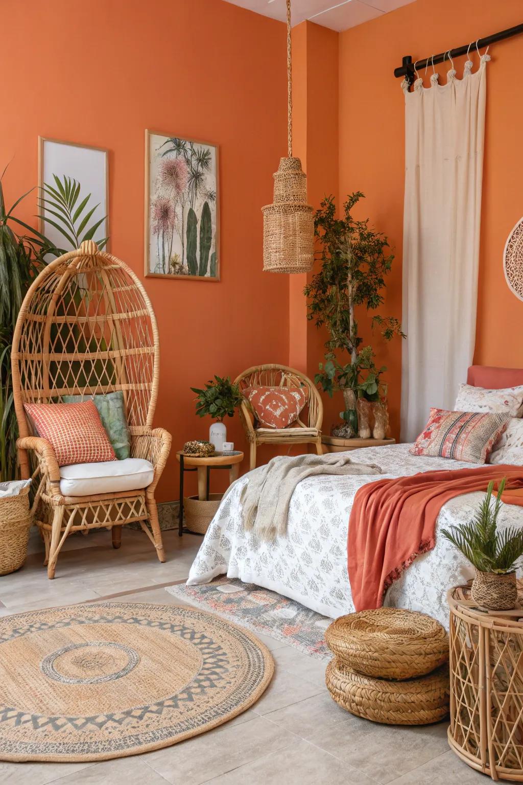 Rattan furniture complements the earthy warmth of orange walls.