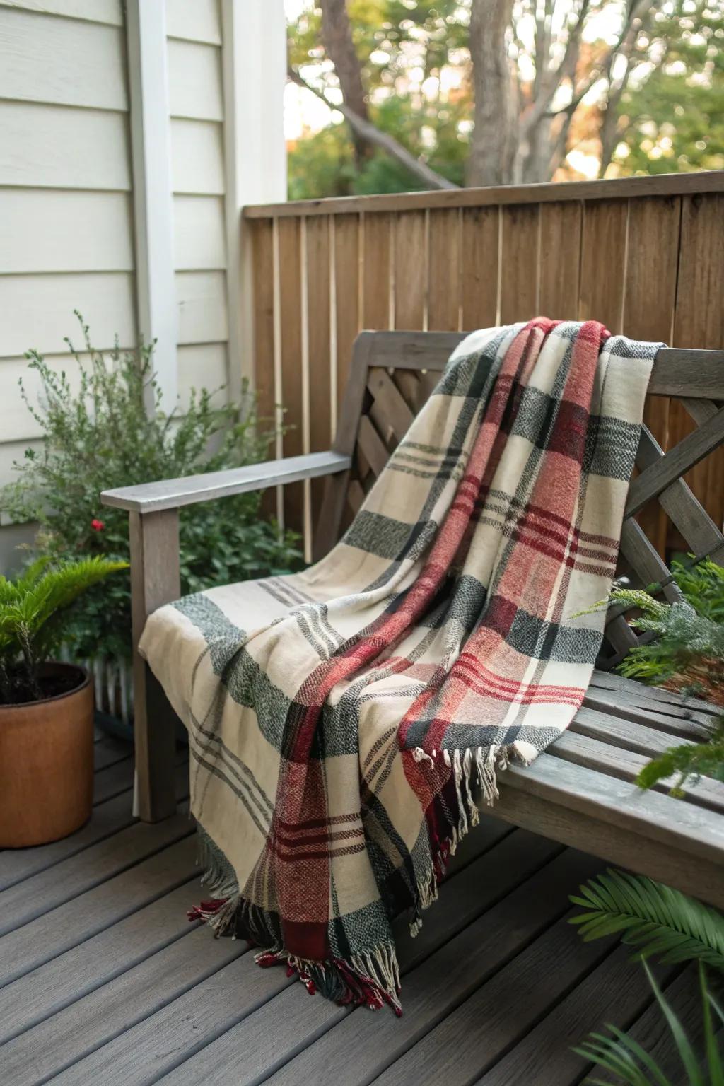 A plaid blanket adds warmth and texture to the outdoor seating.