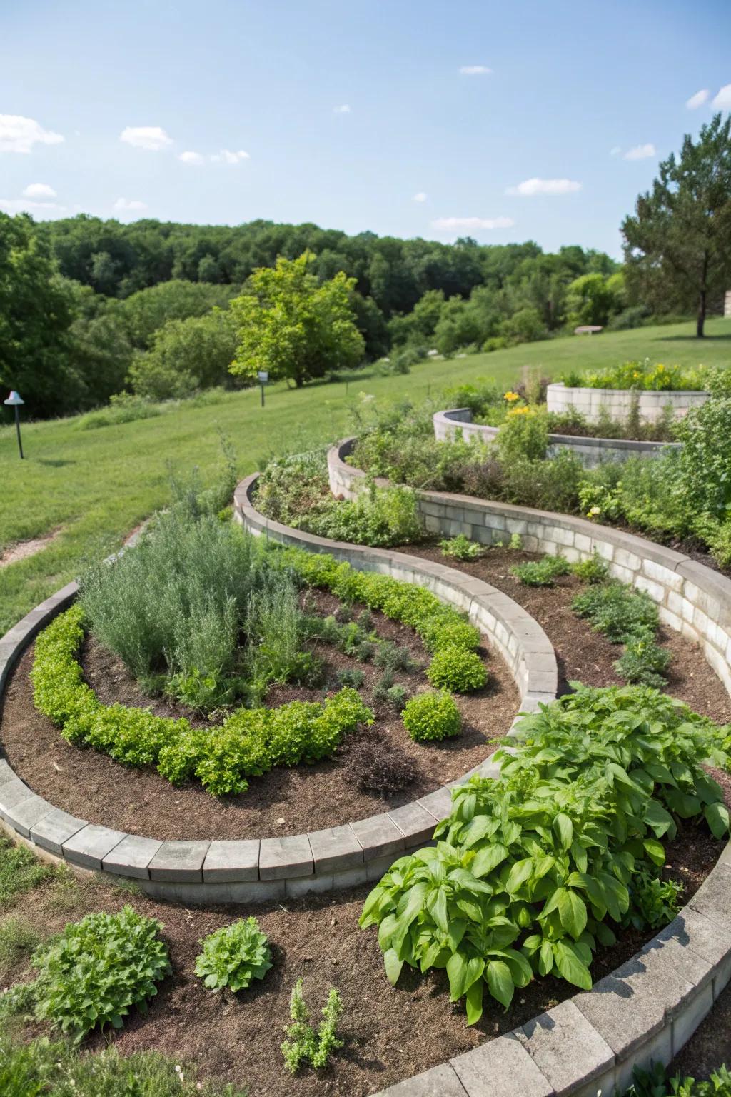 Herb spirals are space-efficient and visually striking additions to gardens.