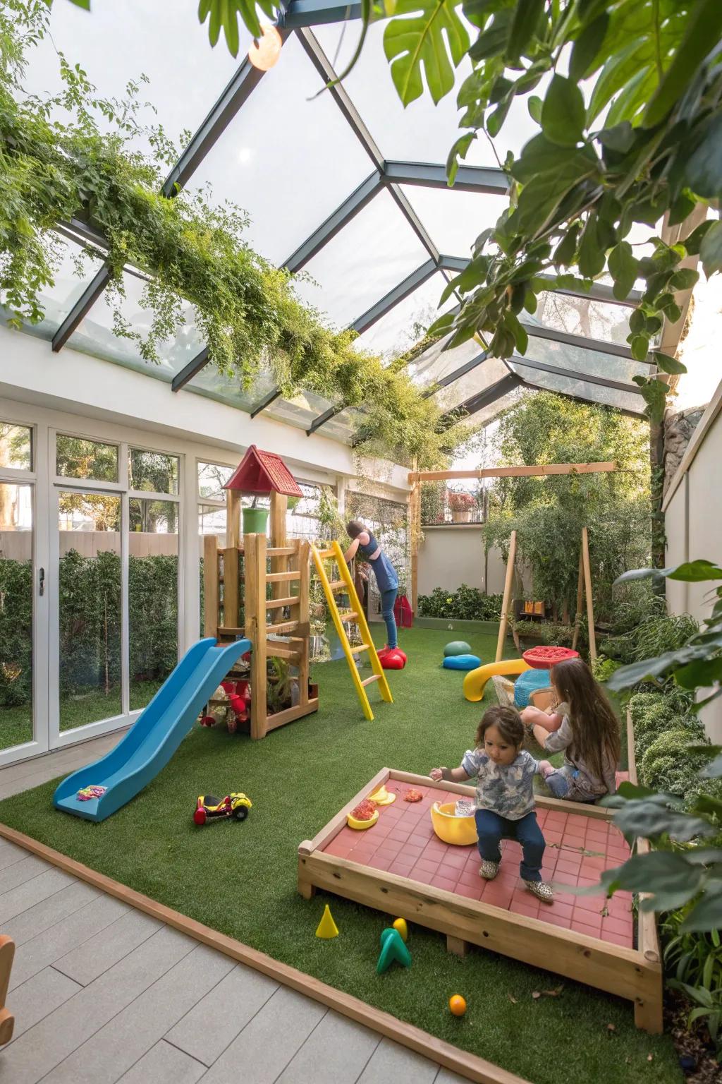 A fun and safe children's play area in a garden room.