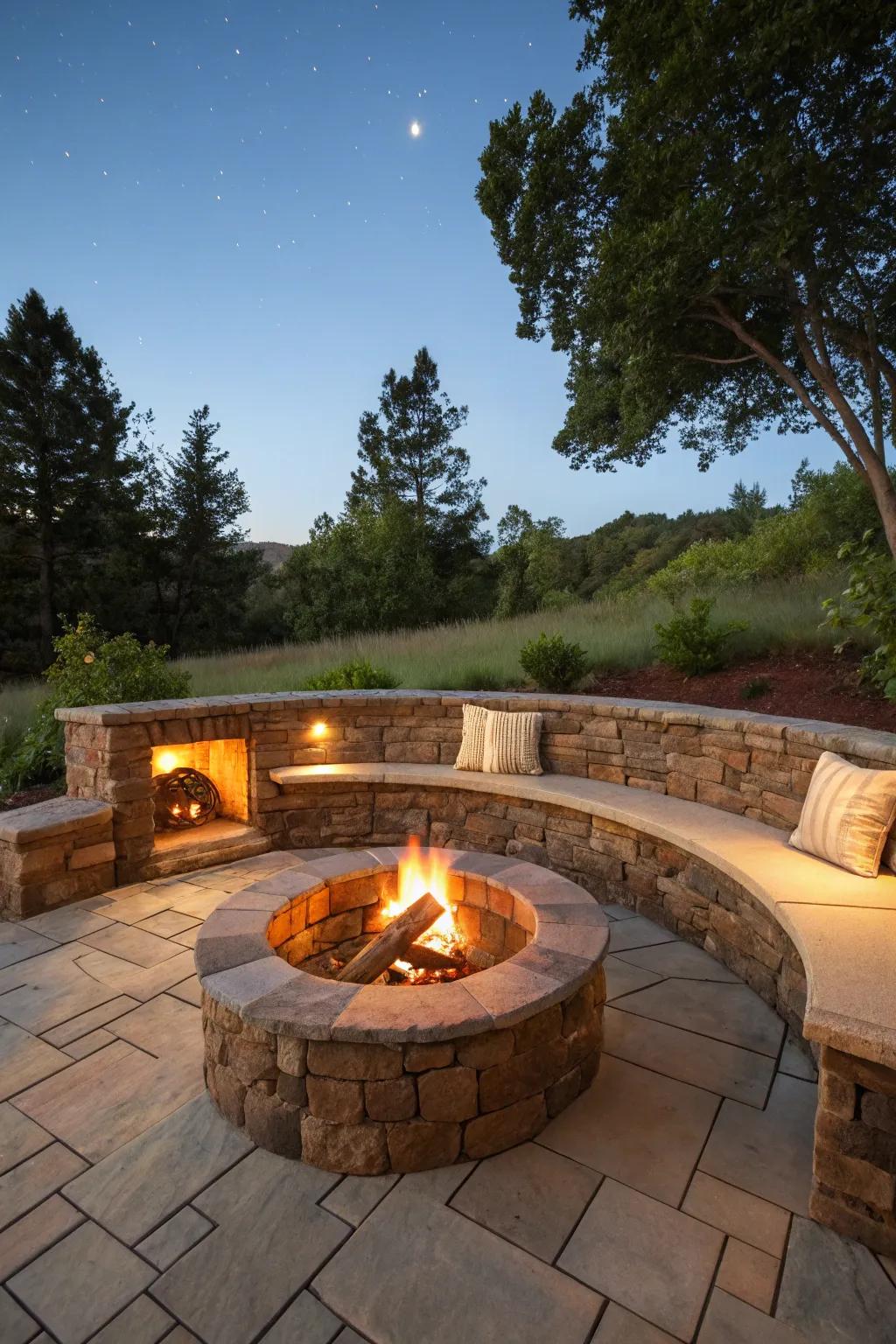 Stone walls around firepits create inviting focal points.