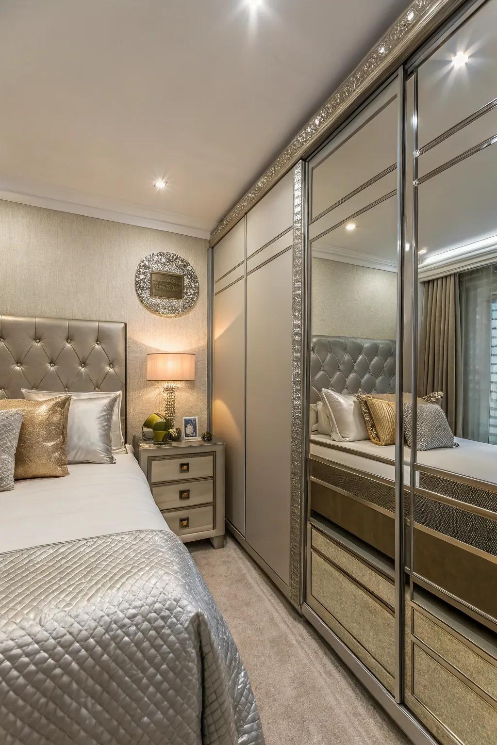 Reflective metallics add light and luxury to small bedroom designs.