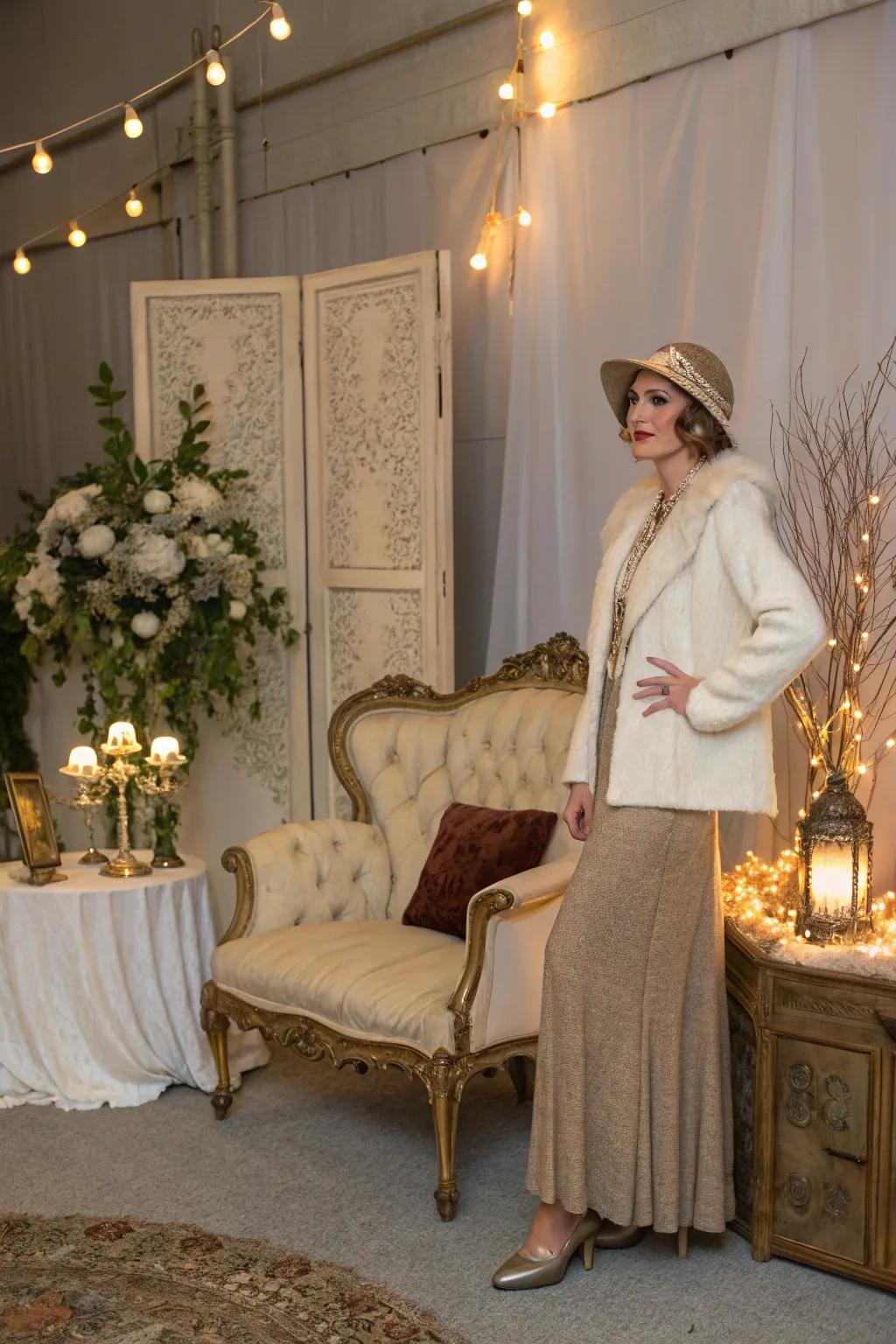 A vintage glamour arrangement featuring elegant attire and classic decor.