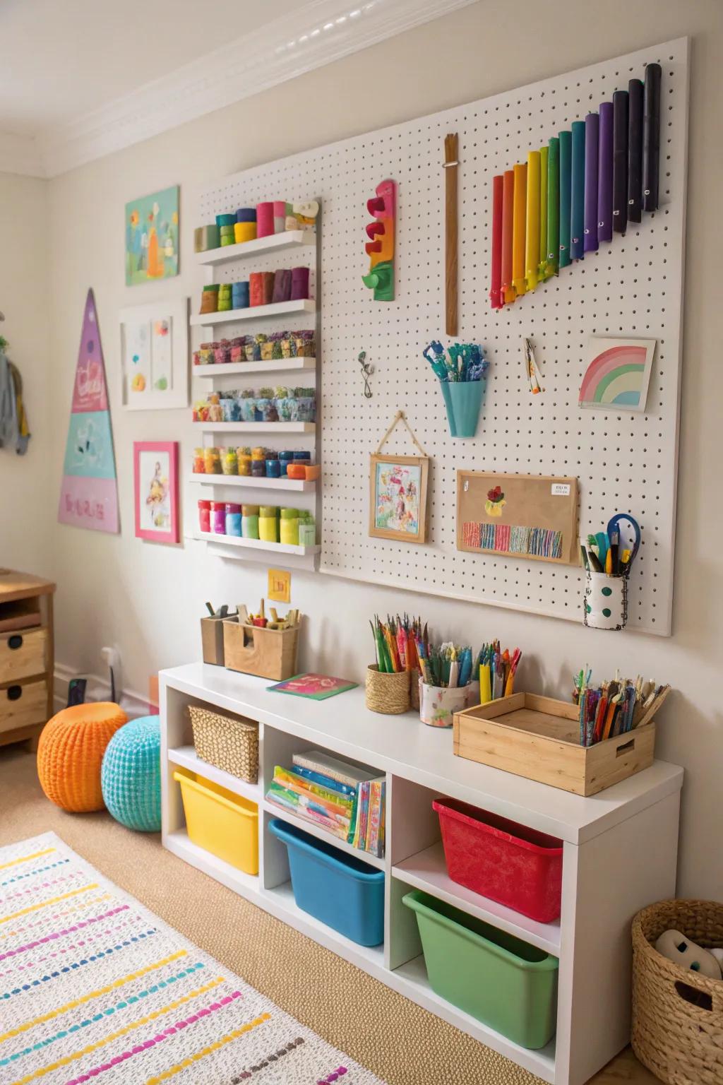 A pegboard in a playroom, creatively organizing art supplies.