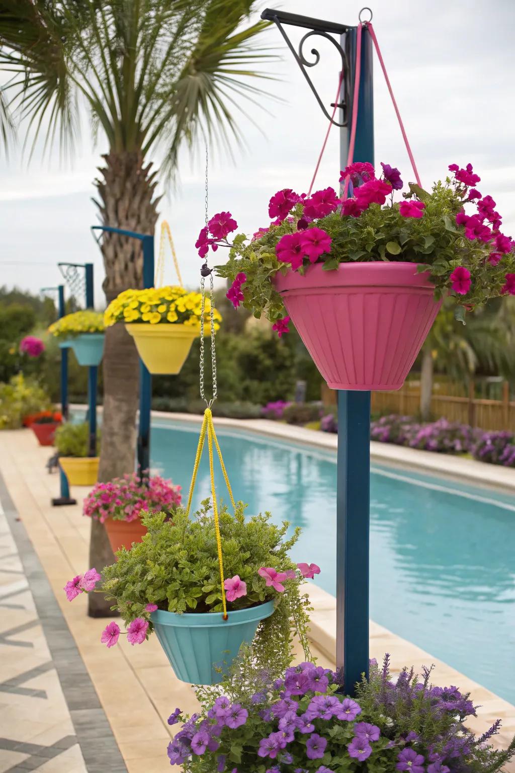 Hanging planters introduce vibrant color and height to your poolside landscape.