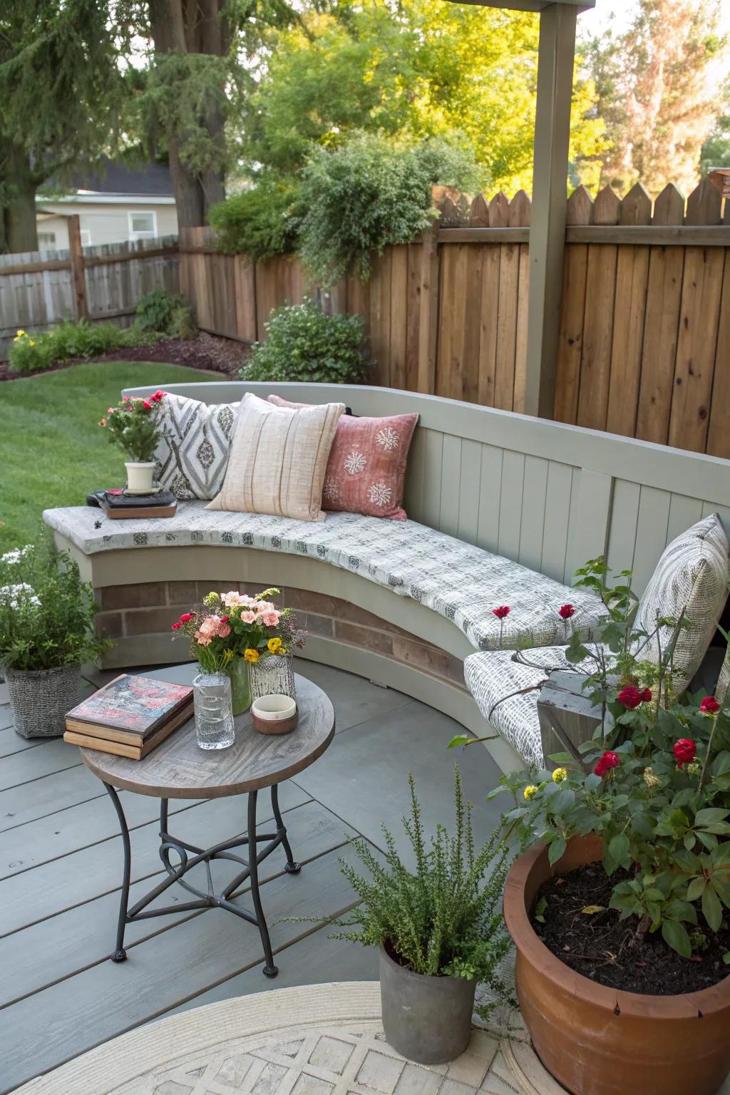 A curved bench is perfect for social gatherings on the porch.