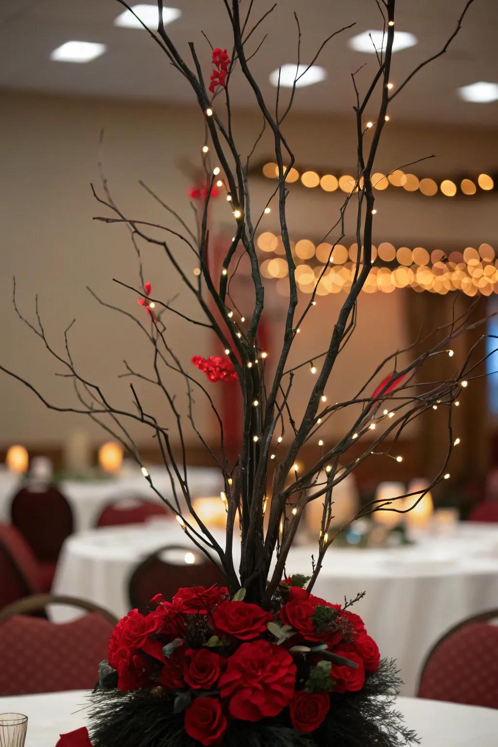 Black branches with red accents and string lights create a magical centerpiece.