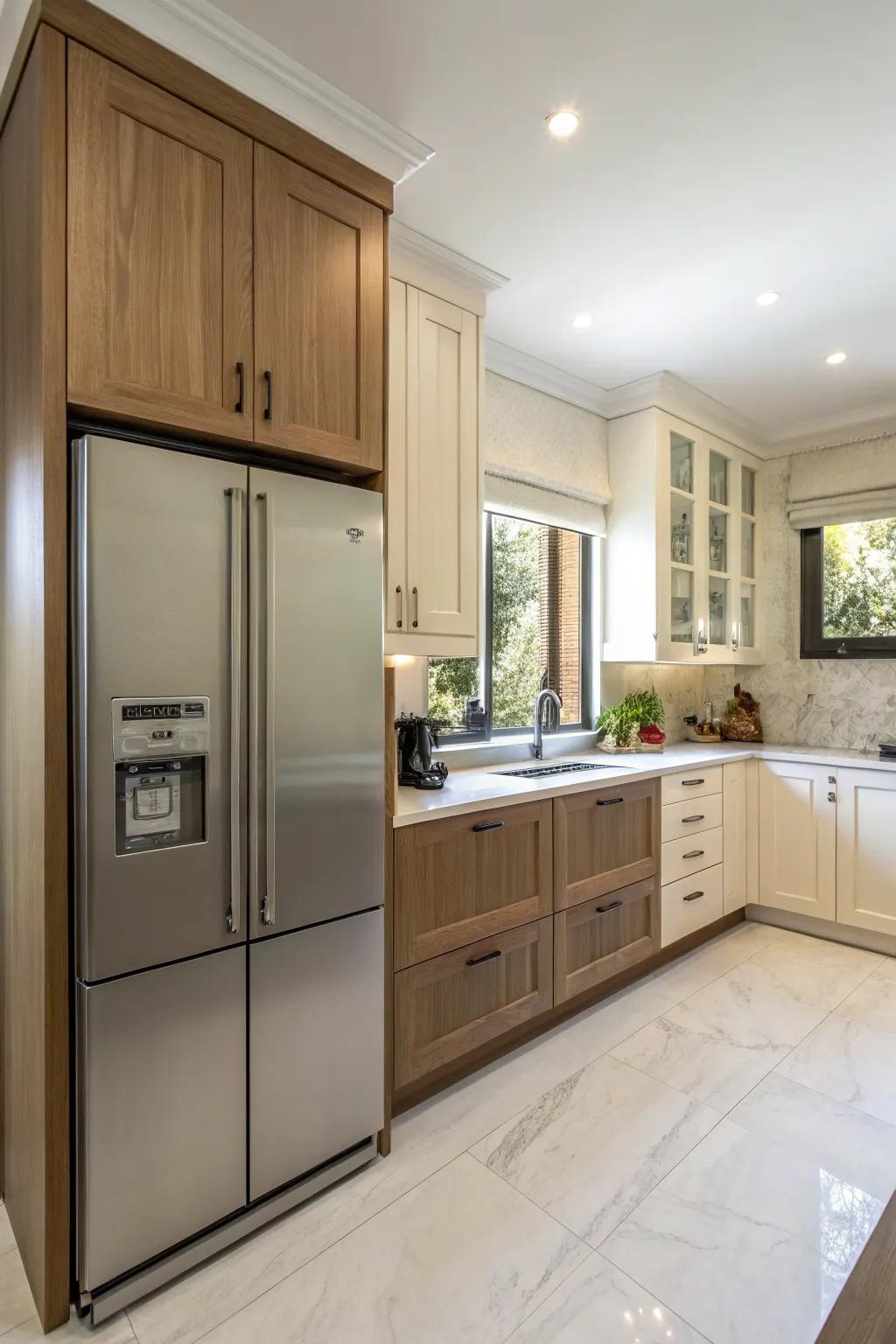 A kitchen where the refrigerator is seamlessly integrated with custom matching panels.