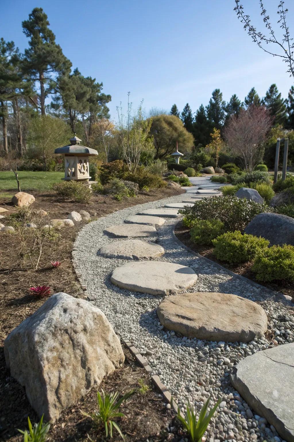 Stepping stones create a charming pathway through the garden.