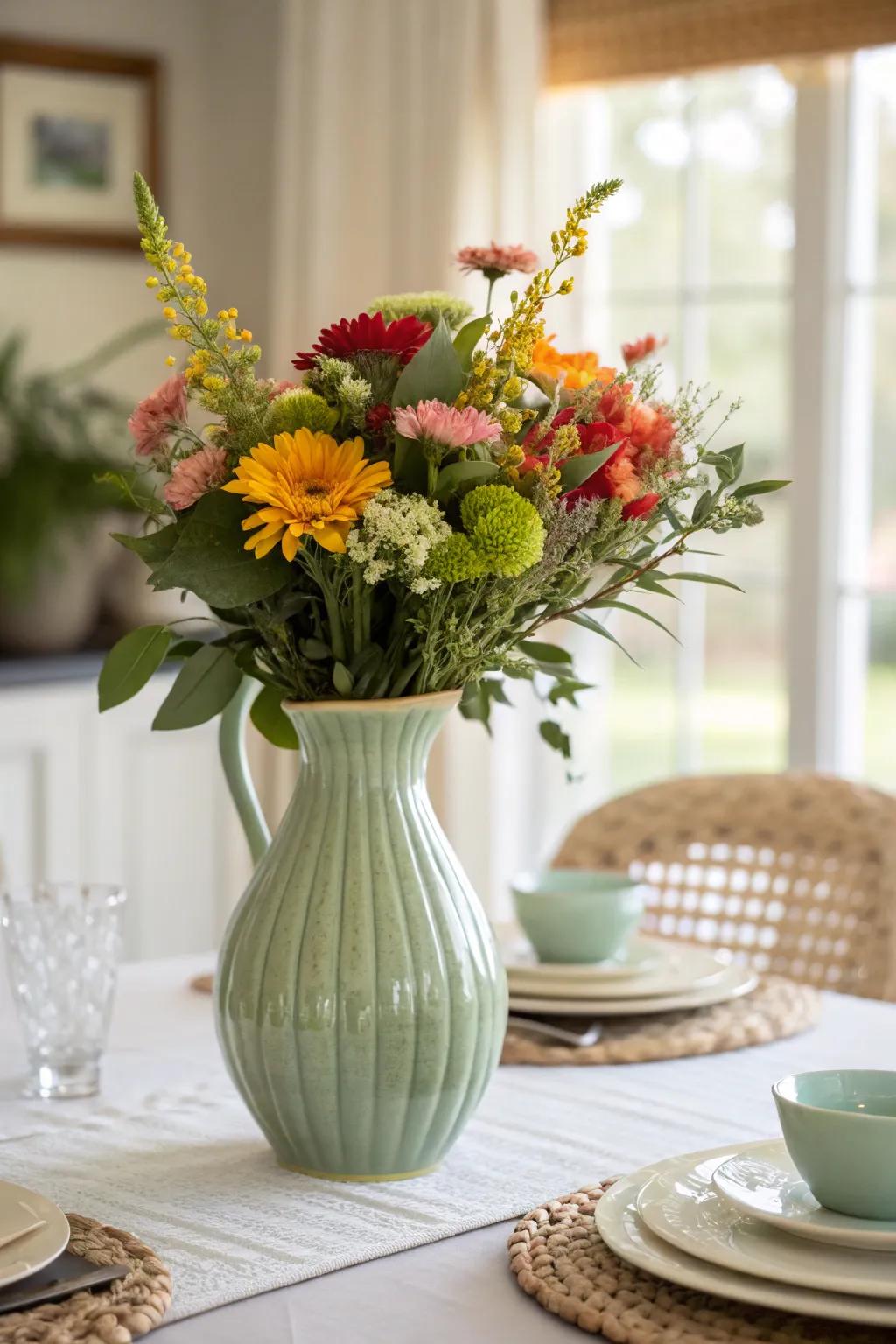 A sage green vase adds elegance and charm to any setting.