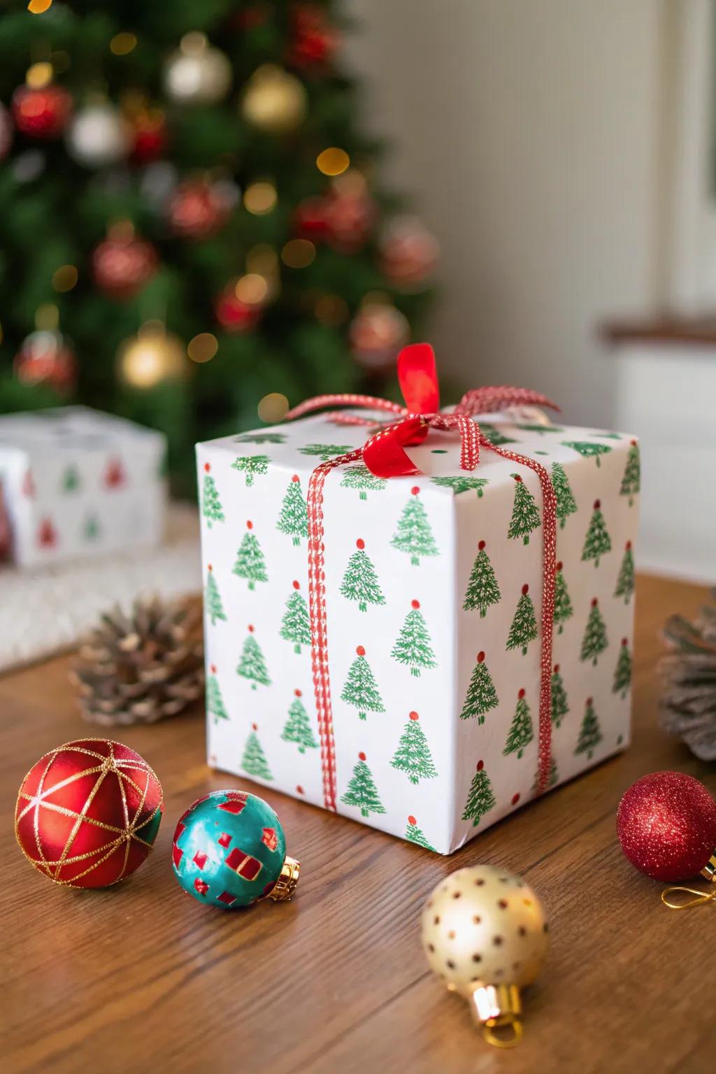 An evergreen design on Santa's container enhances the festive spirit.