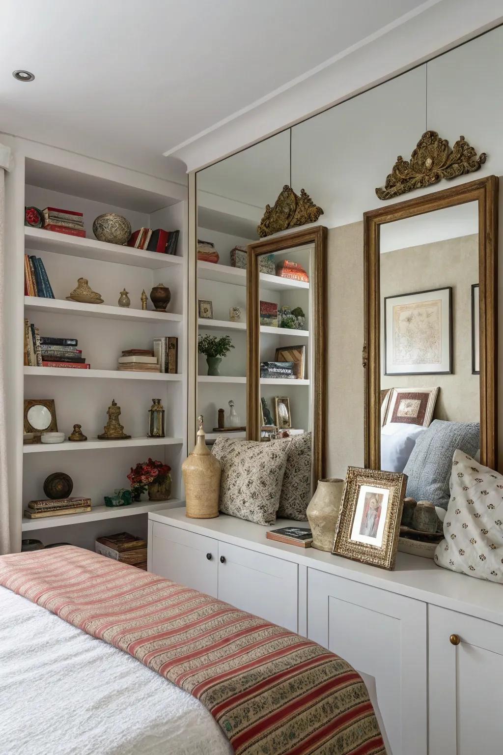 Mirrors behind shelves enhance light and space.