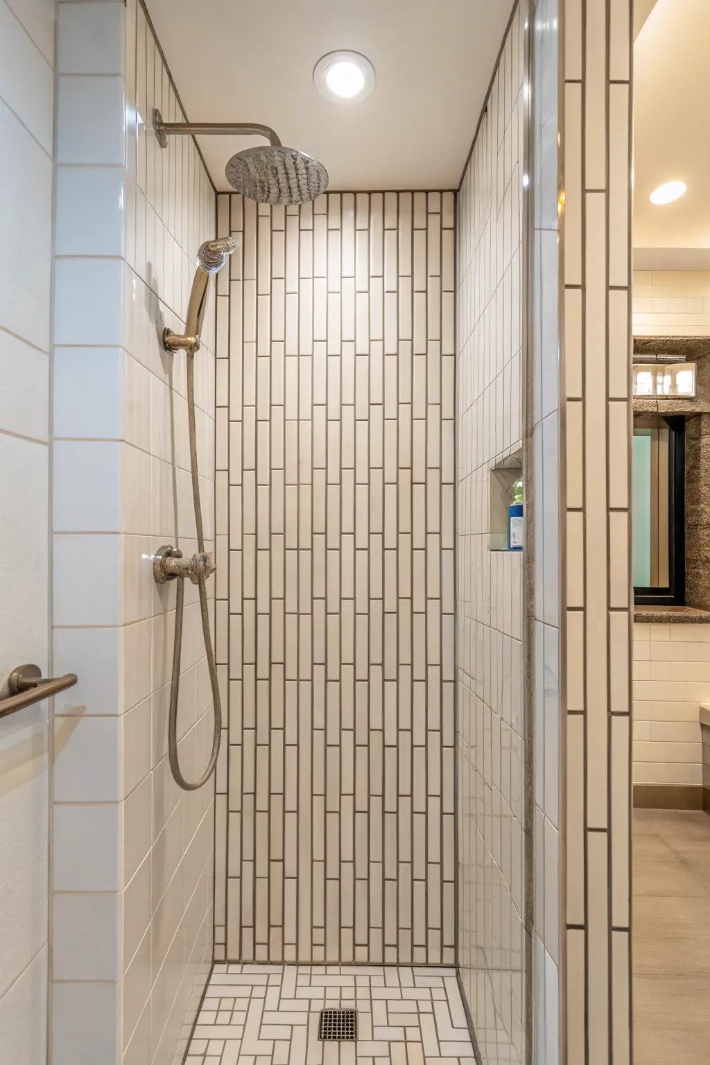 Vertical tiles enhancing the height and spaciousness of the shower stall.