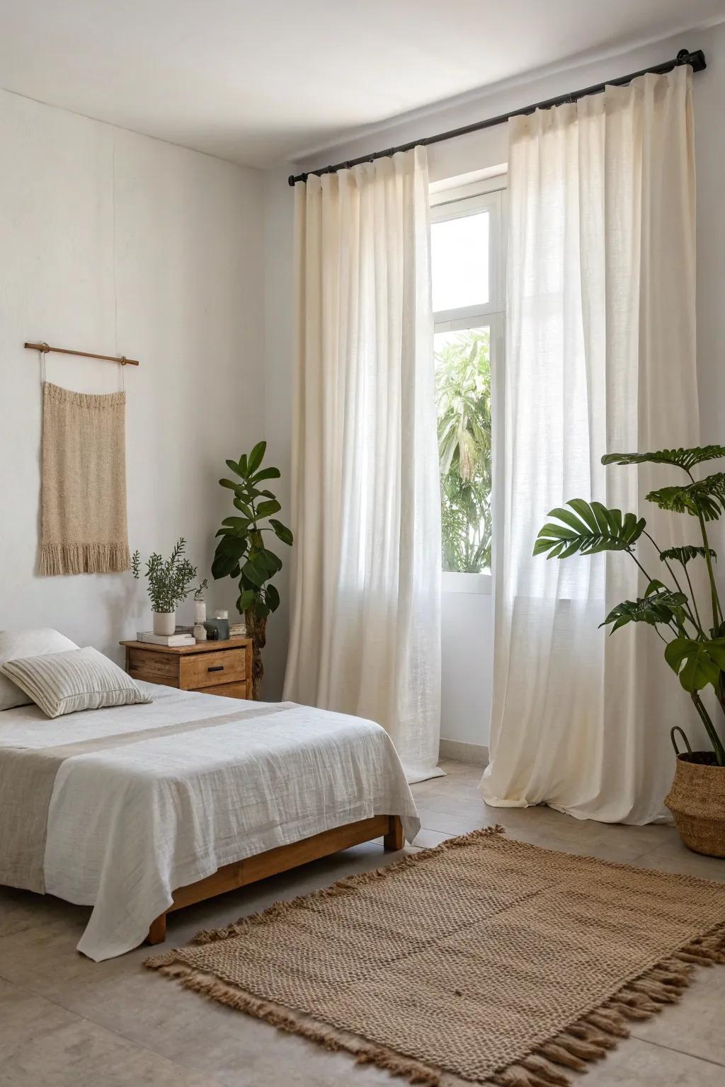 Organic cotton treatments present a sustainable and stylish selection for this minimalist sleeping chamber.