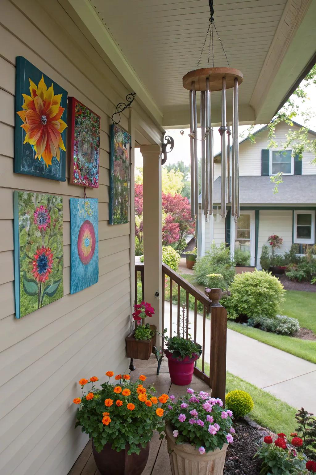 Outdoor art and wind chimes add a creative flair to a small porch.