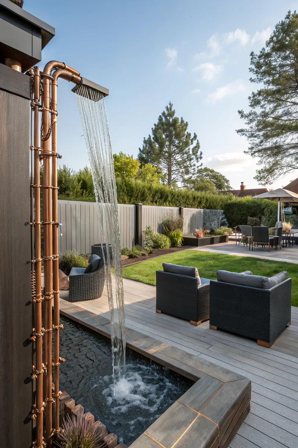 A copper pipe waterfall adds industrial elegance and character.