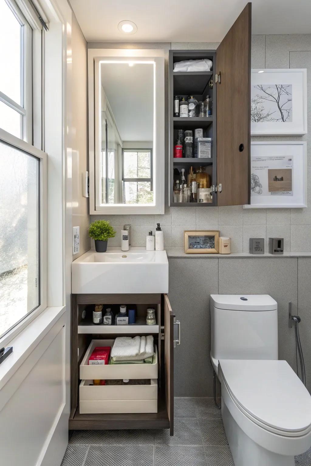 Hidden storage options keep a small bathroom organized.