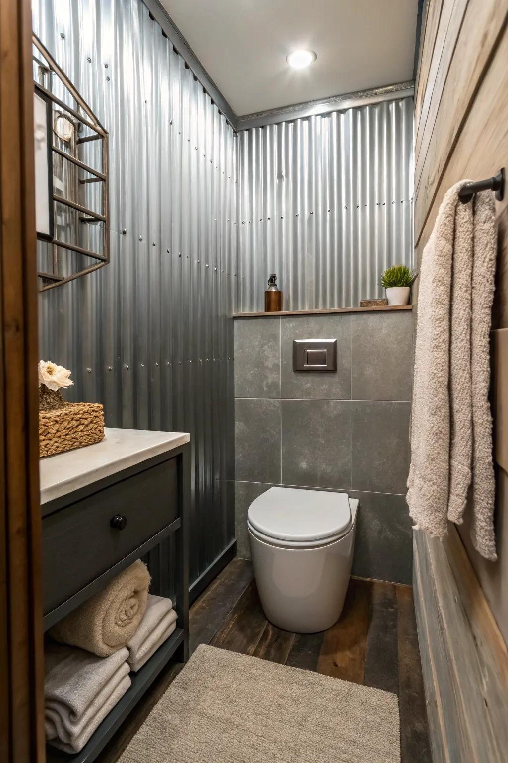 Metal panels in a small bathroom, adding an industrial touch with modern elegance.