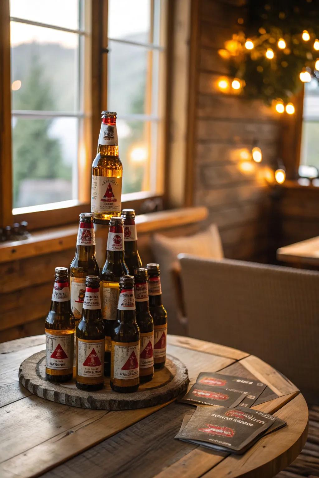 Pyramidal-arranged beer display instilling visual captivation.