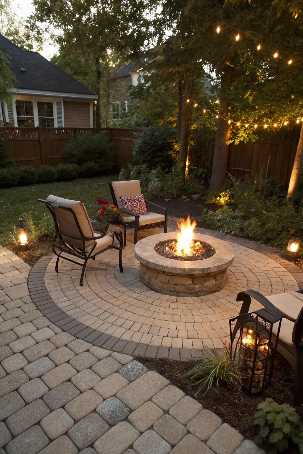 A fire pit serves as a warm and inviting focal point.