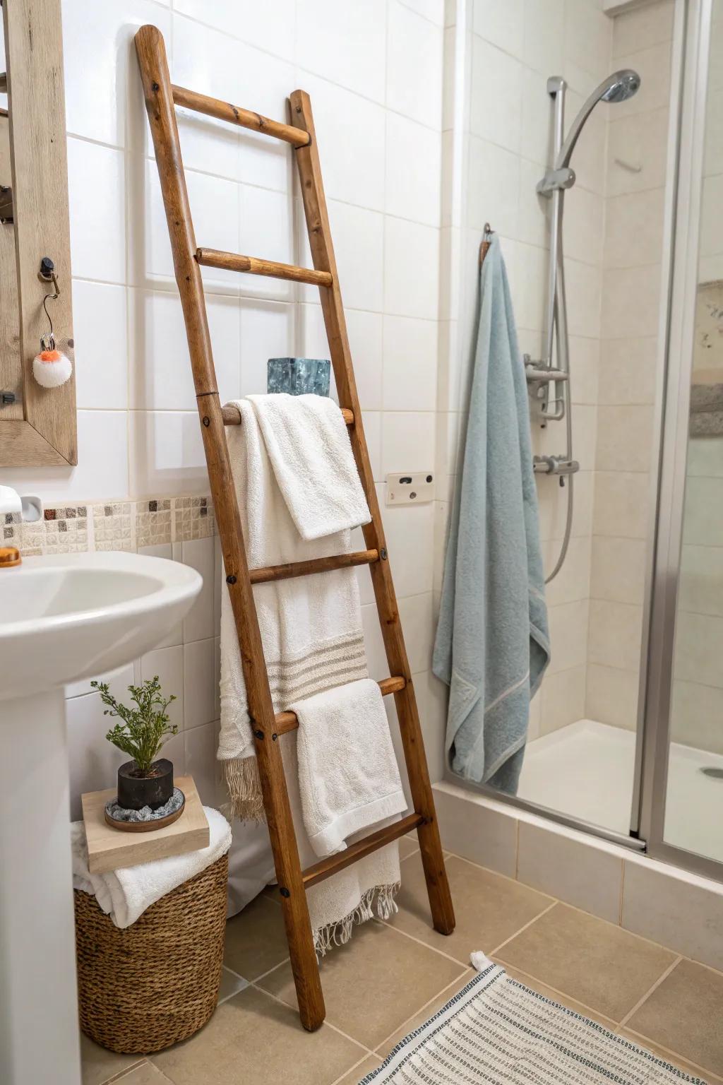 A ladder towel rack adds charm and function without taking up much space.