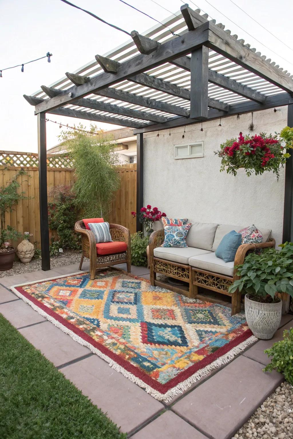 An outdoor rug adds color and comfort under a small pergola.