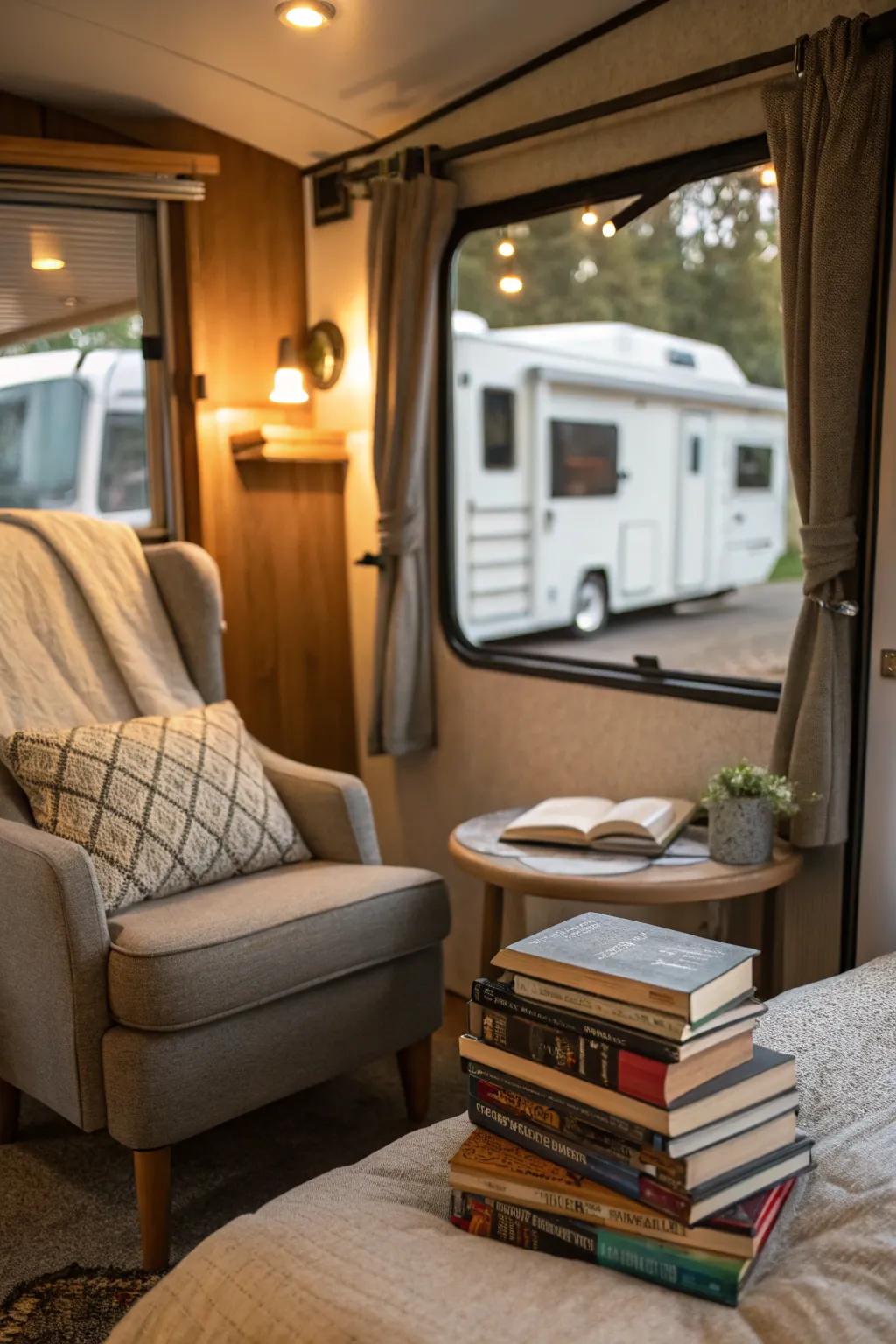 A reading nook provides a cozy sanctuary in your RV bedroom.