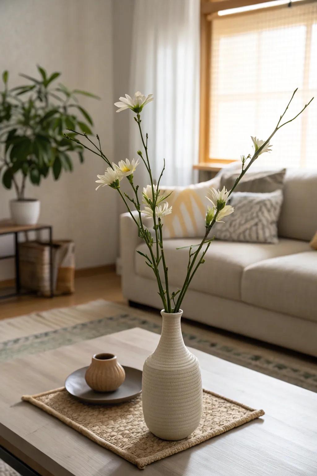 Minimalist Ikebana showcases the beauty of each individual flower.