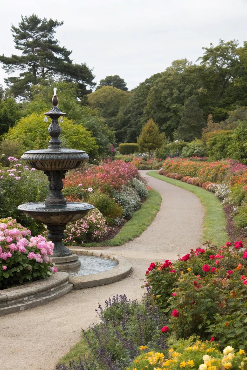 A solar fountain accentuating a garden path with its welcoming presence.