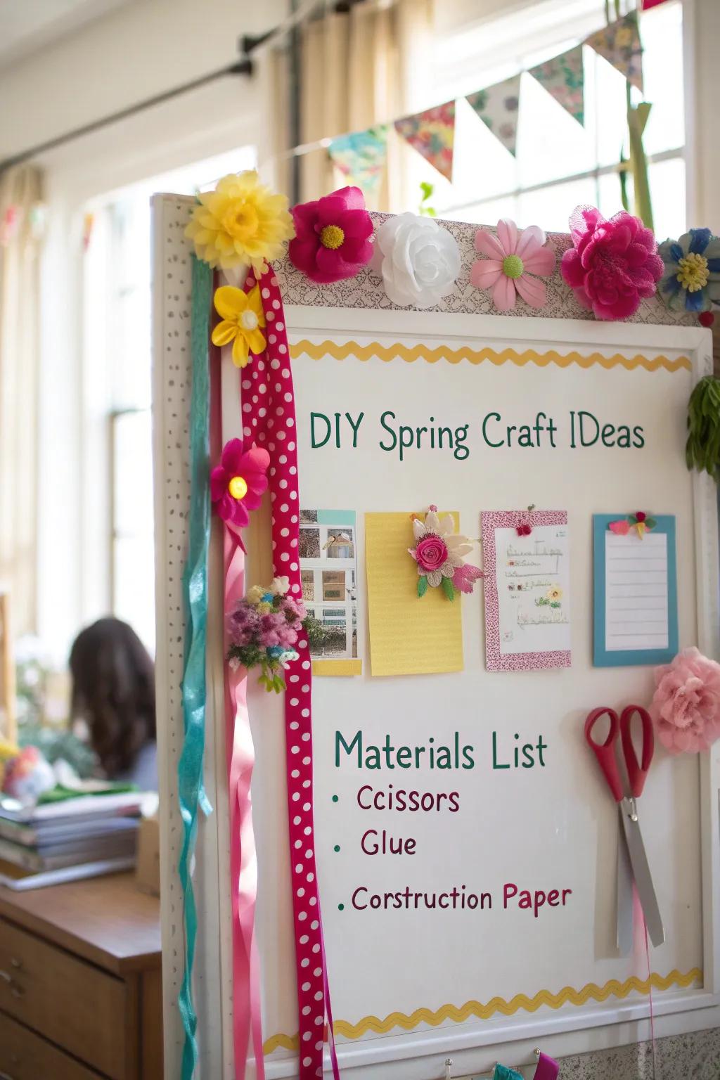 A bulletin board displaying DIY spring craft inspirations and instructions.