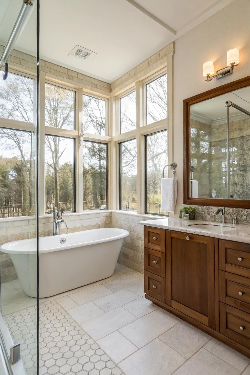 Illumination that is of nature drenches the restroom, constructing an atmosphere that is airy and bright.