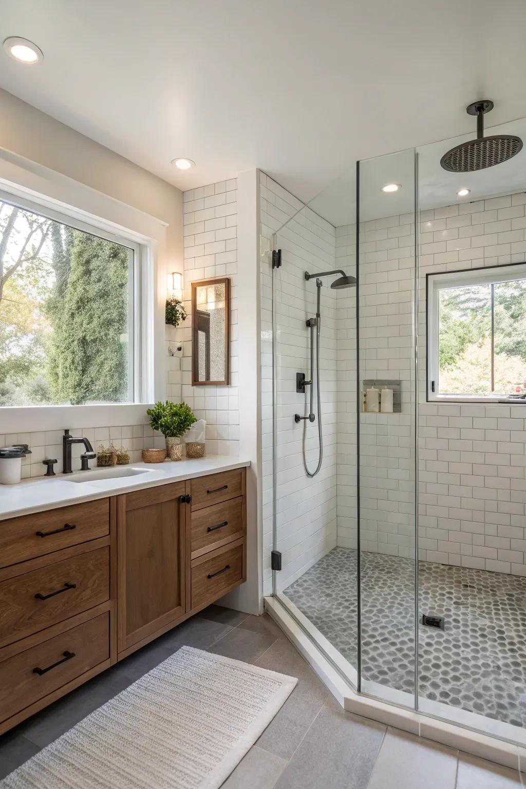 An open shower design creates a seamless flow in the bathroom.